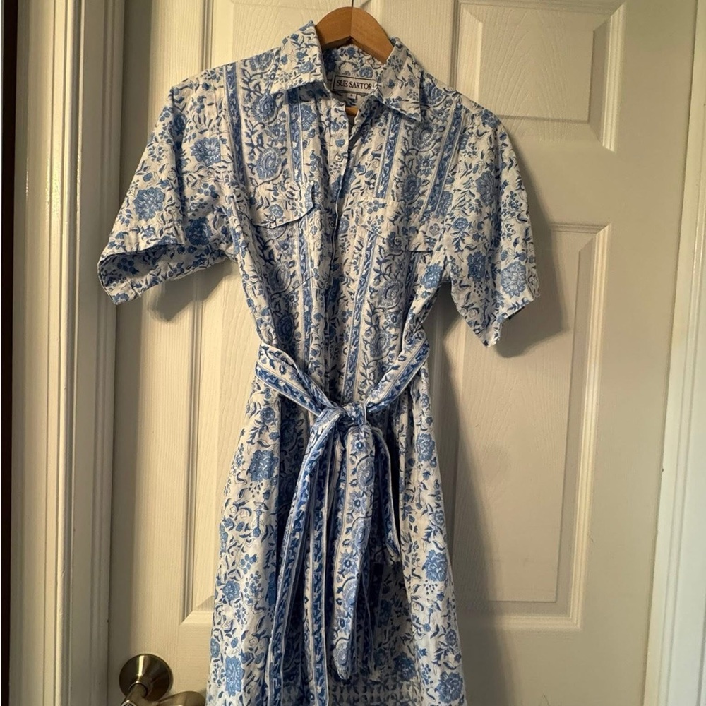 Blue and White Tie Front Flutter Sleeve Dress